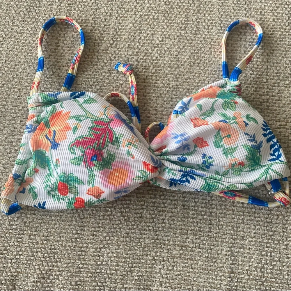 Floral Ribbed Bikini Top & Bottom Set - White with Multicolor Floral Print